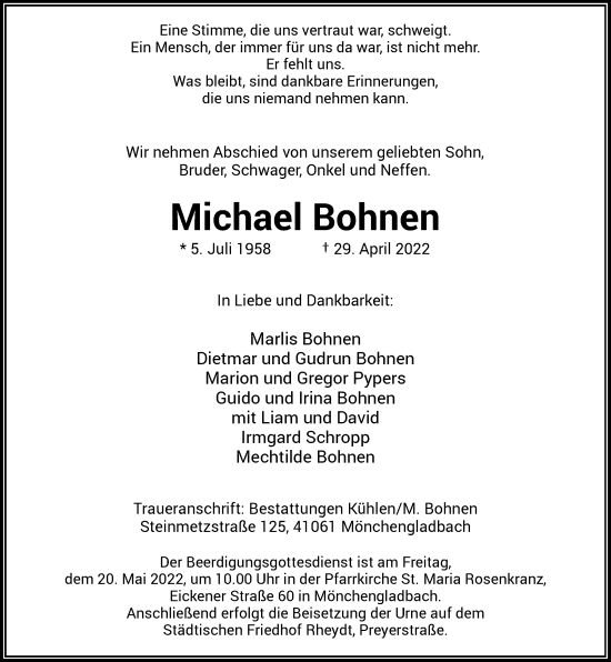 Traueranzeige von Michael Bohnen von Rheinische Post