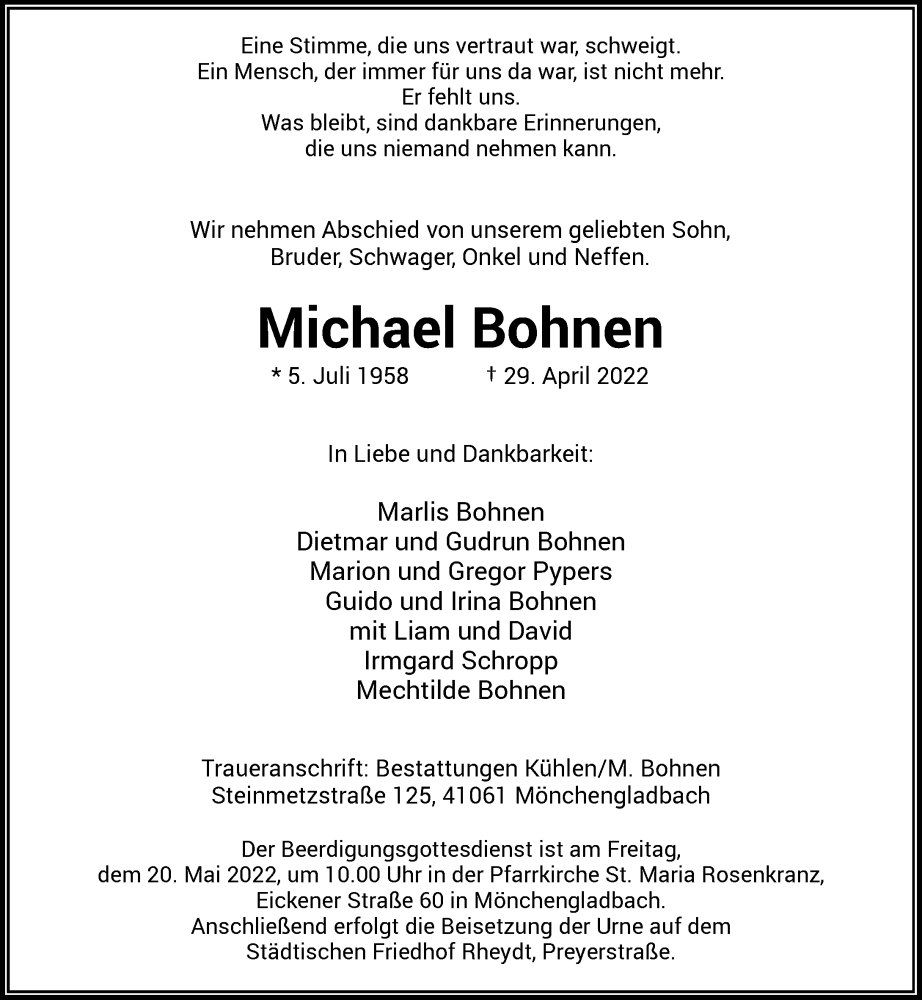  Traueranzeige für Michael Bohnen vom 18.05.2022 aus Rheinische Post