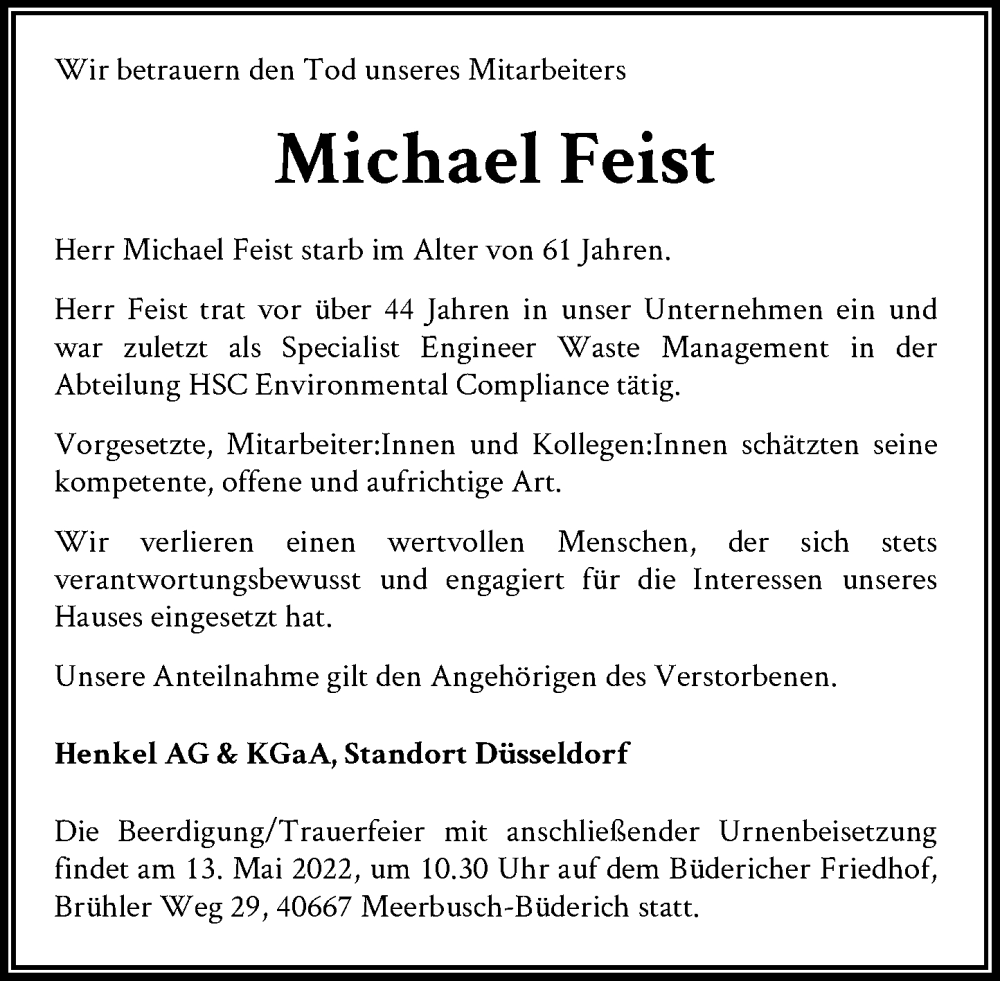  Traueranzeige für Michael Feist vom 07.05.2022 aus Rheinische Post