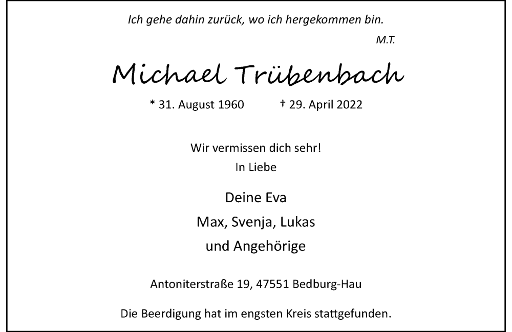  Traueranzeige für Michael Trübenbach vom 07.05.2022 aus Rheinische Post