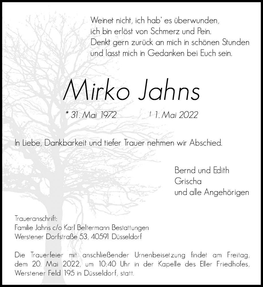 Traueranzeige für Mirko Jahns vom 14.05.2022 aus Rheinische Post