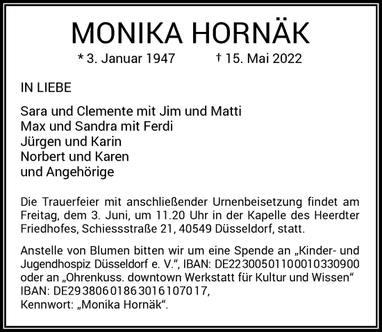 Traueranzeige von Monika Hornäk von Rheinische Post