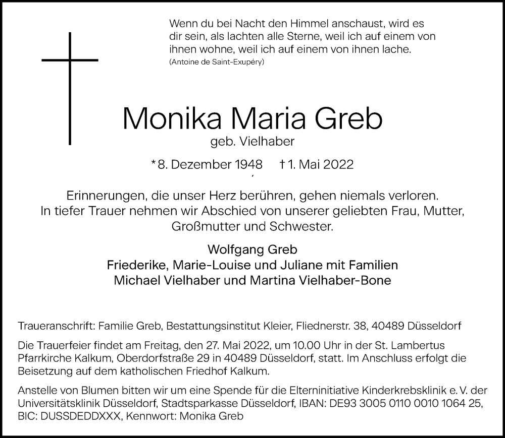  Traueranzeige für Monika Maria Greb vom 21.05.2022 aus Rheinische Post
