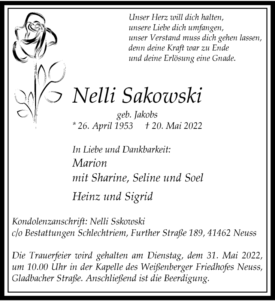  Traueranzeige für Nelli Sakowski vom 25.05.2022 aus Rheinische Post