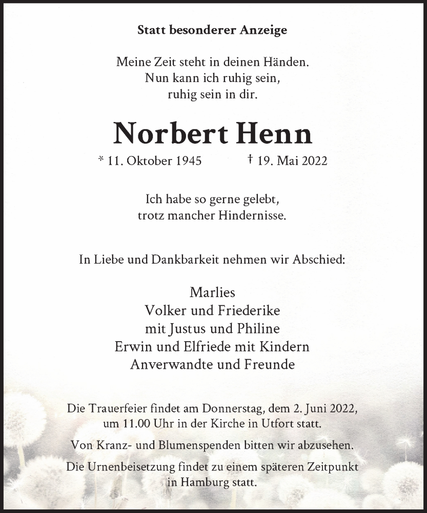 Traueranzeige für Norbert Henn vom 25.05.2022 aus Rheinische Post