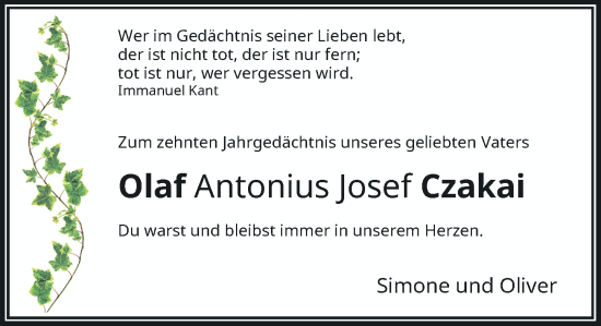 Traueranzeige von Olaf Antonius Josef Czakai von Rheinische Post