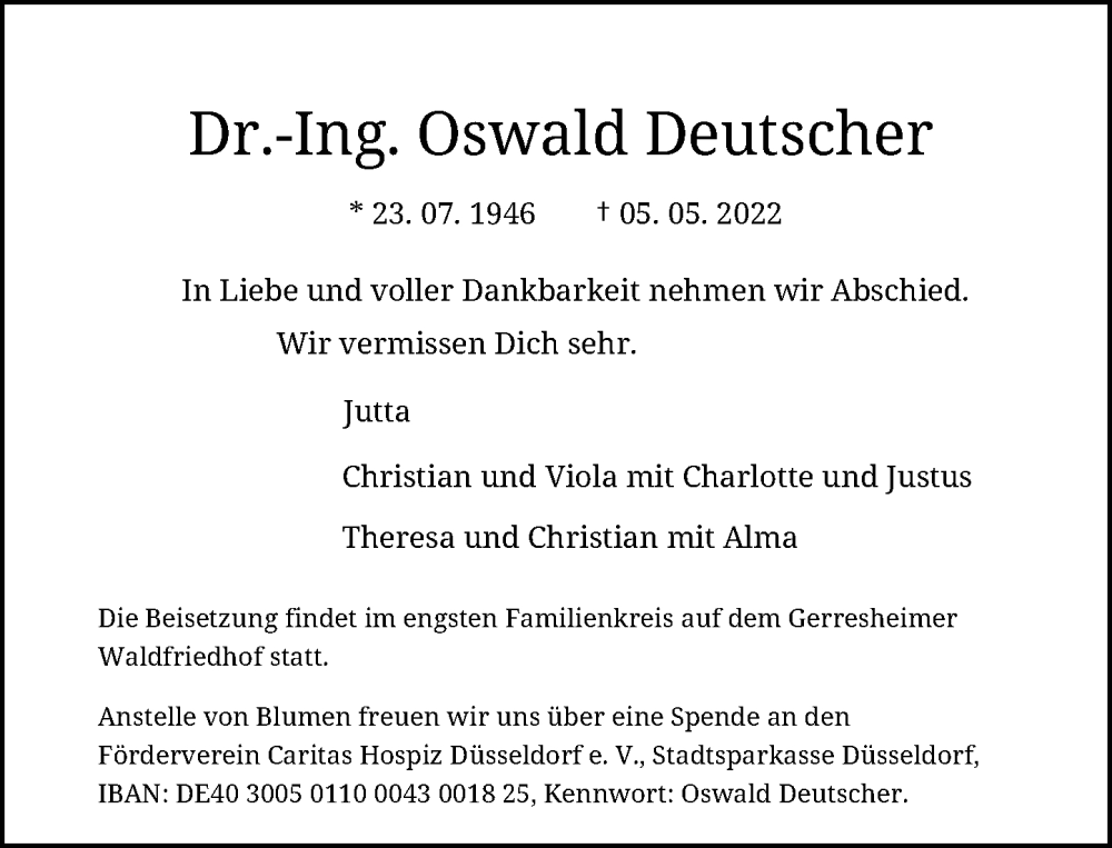  Traueranzeige für Oswald Deutscher vom 14.05.2022 aus Rheinische Post