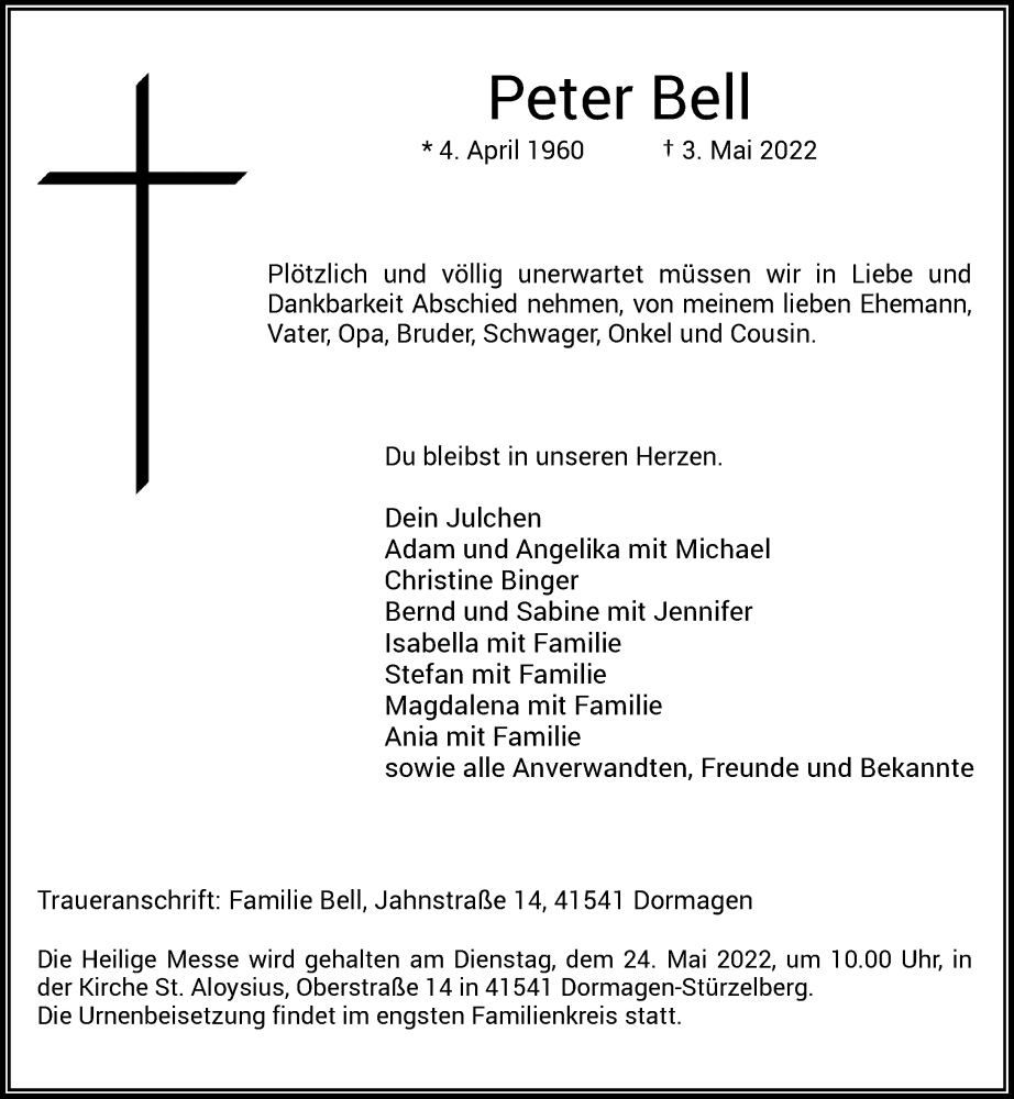  Traueranzeige für Peter Bell vom 21.05.2022 aus Rheinische Post