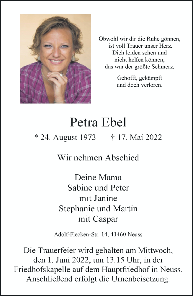  Traueranzeige für Petra Ebel vom 28.05.2022 aus Rheinische Post