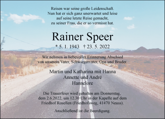 Traueranzeige von Rainer Speer von Rheinische Post