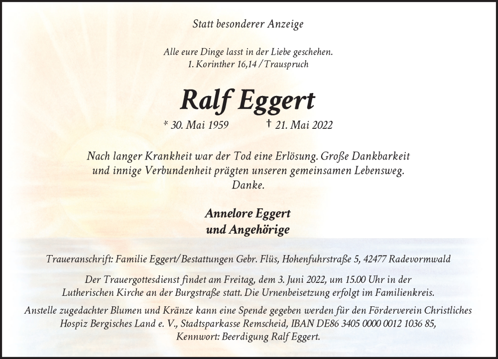  Traueranzeige für Ralf Eggert vom 28.05.2022 aus Rheinische Post