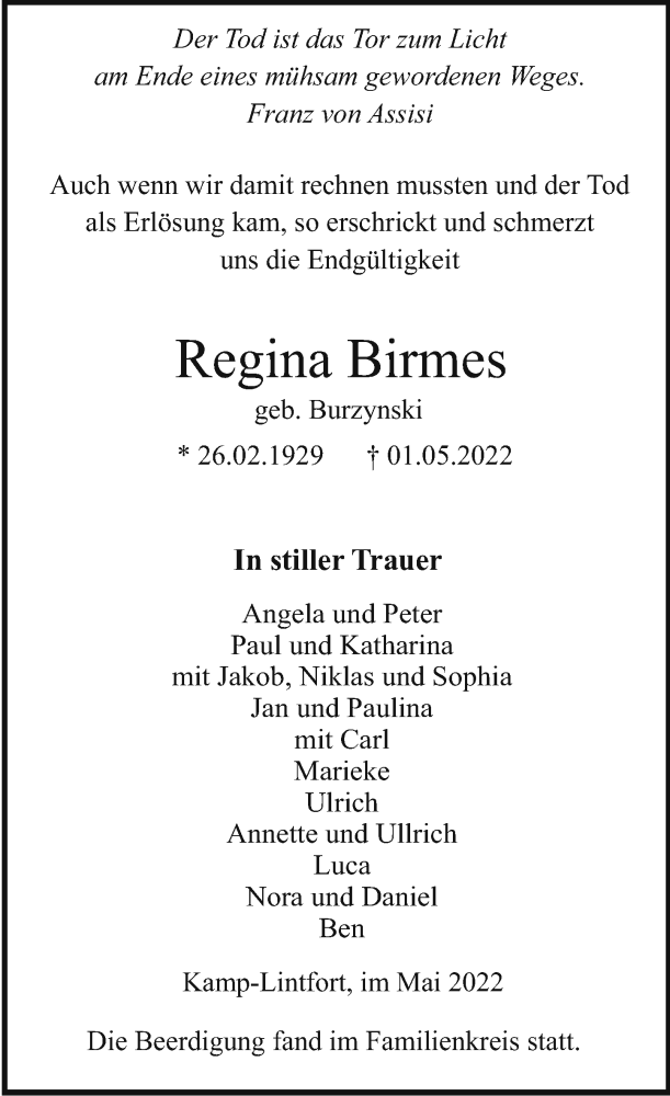  Traueranzeige für Regina Birmes vom 07.05.2022 aus Rheinische Post