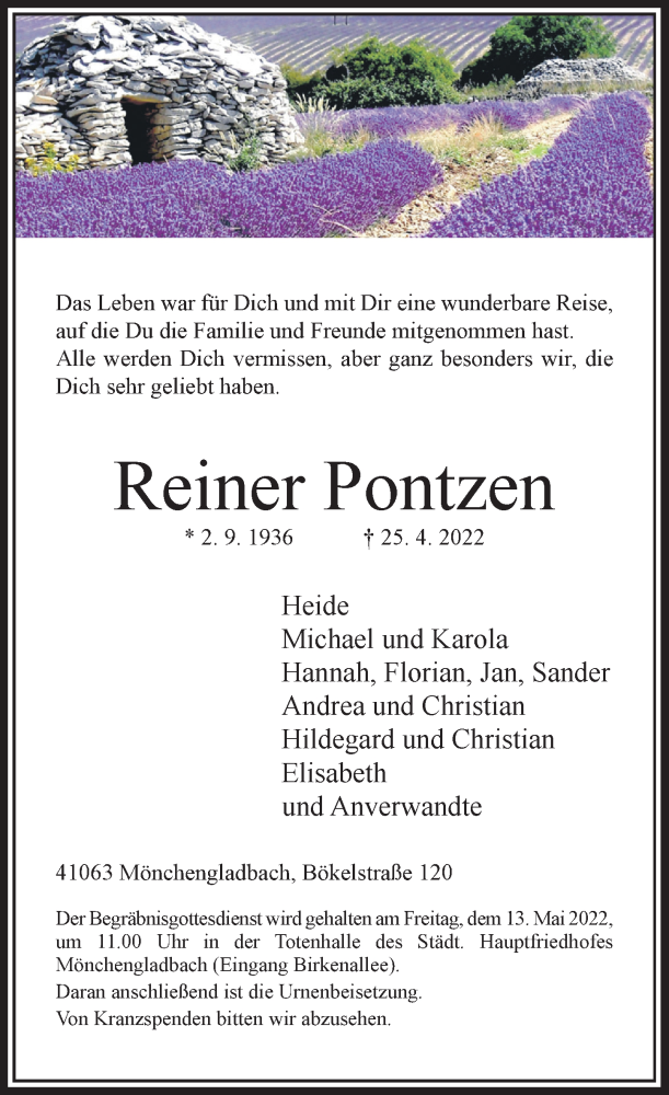  Traueranzeige für Reiner Pontzen vom 07.05.2022 aus Rheinische Post