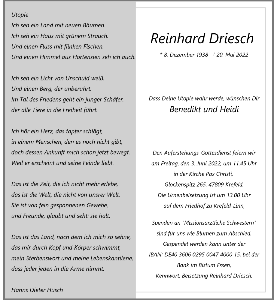  Traueranzeige für Reinhard Driesch vom 28.05.2022 aus Rheinische Post