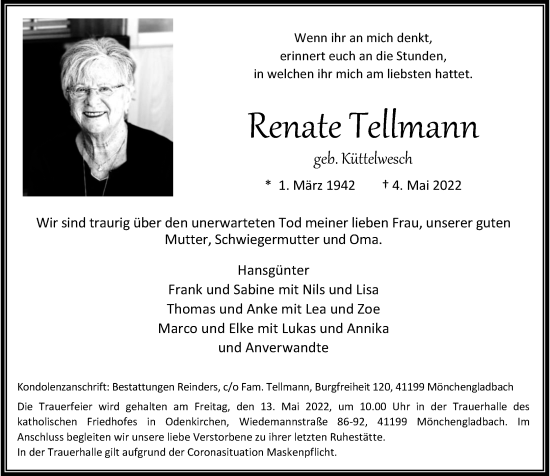 Traueranzeige von Renate Tellmann von Rheinische Post