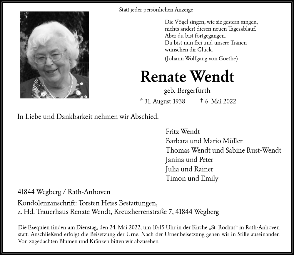 Traueranzeige für Renate Wendt vom 14.05.2022 aus Rheinische Post