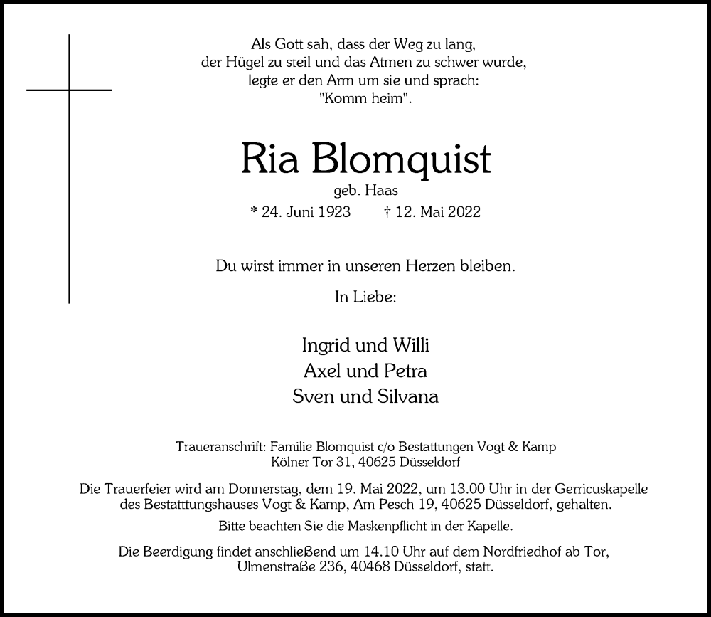  Traueranzeige für Ria Blomquist vom 14.05.2022 aus Rheinische Post