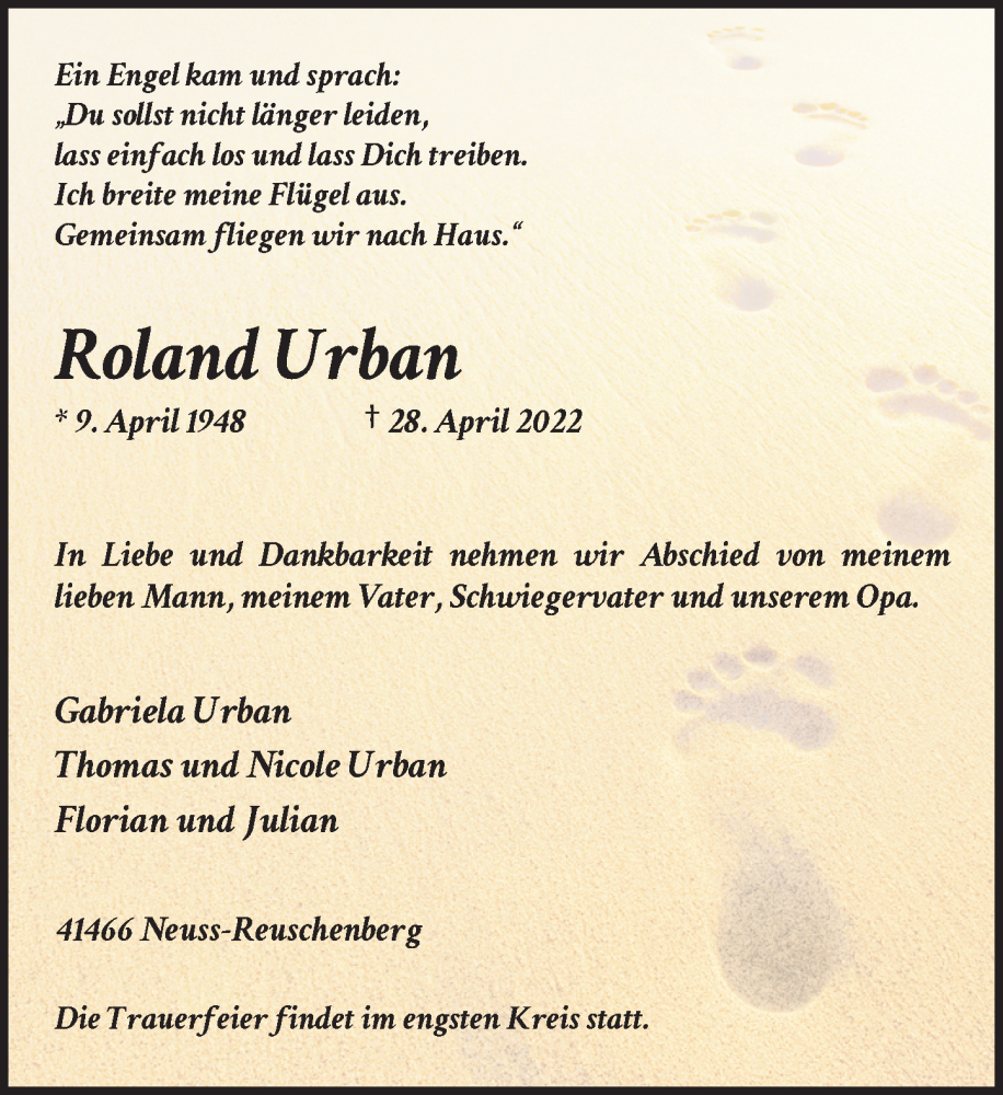  Traueranzeige für Roland Urban vom 07.05.2022 aus Rheinische Post