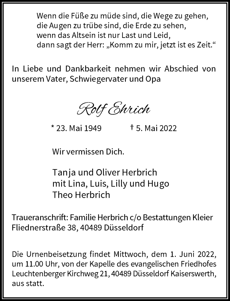  Traueranzeige für Rolf Ehrich vom 21.05.2022 aus Rheinische Post