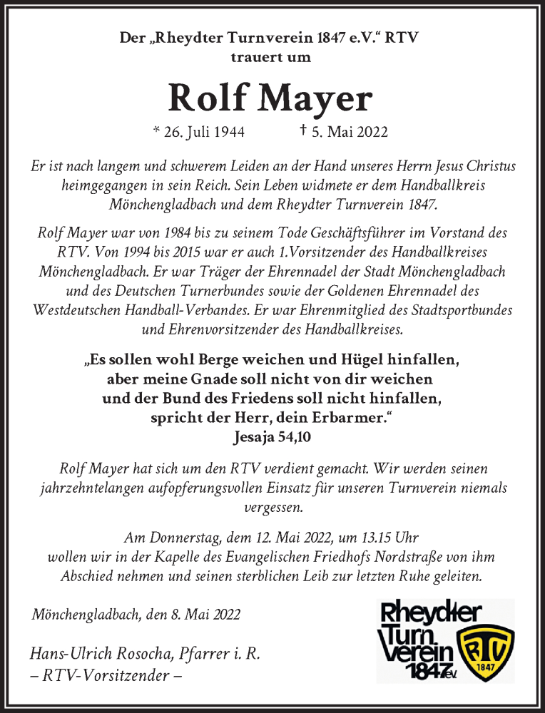 Traueranzeige für Rolf Mayer vom 11.05.2022 aus Rheinische Post