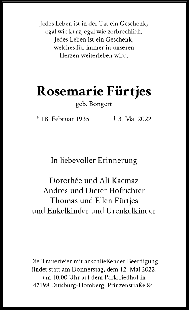  Traueranzeige für Rosemarie Fürtjes vom 07.05.2022 aus Rheinische Post