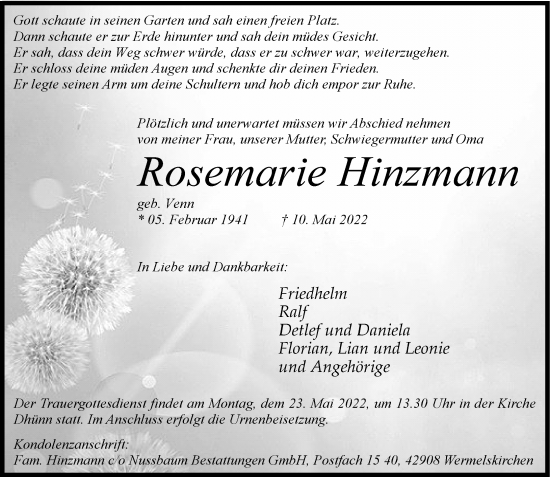 Traueranzeige von Rosemarie Hinzmann von Rheinische Post