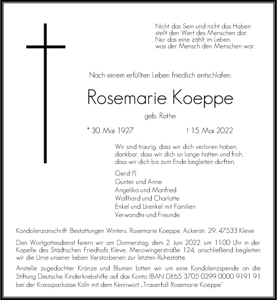 Traueranzeige von Rosemarie Koeppe von Rheinische Post