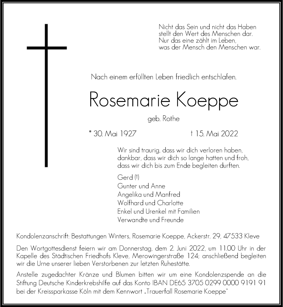  Traueranzeige für Rosemarie Koeppe vom 21.05.2022 aus Rheinische Post