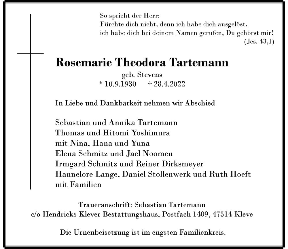  Traueranzeige für Rosemarie Theodora Tartemann vom 07.05.2022 aus Rheinische Post