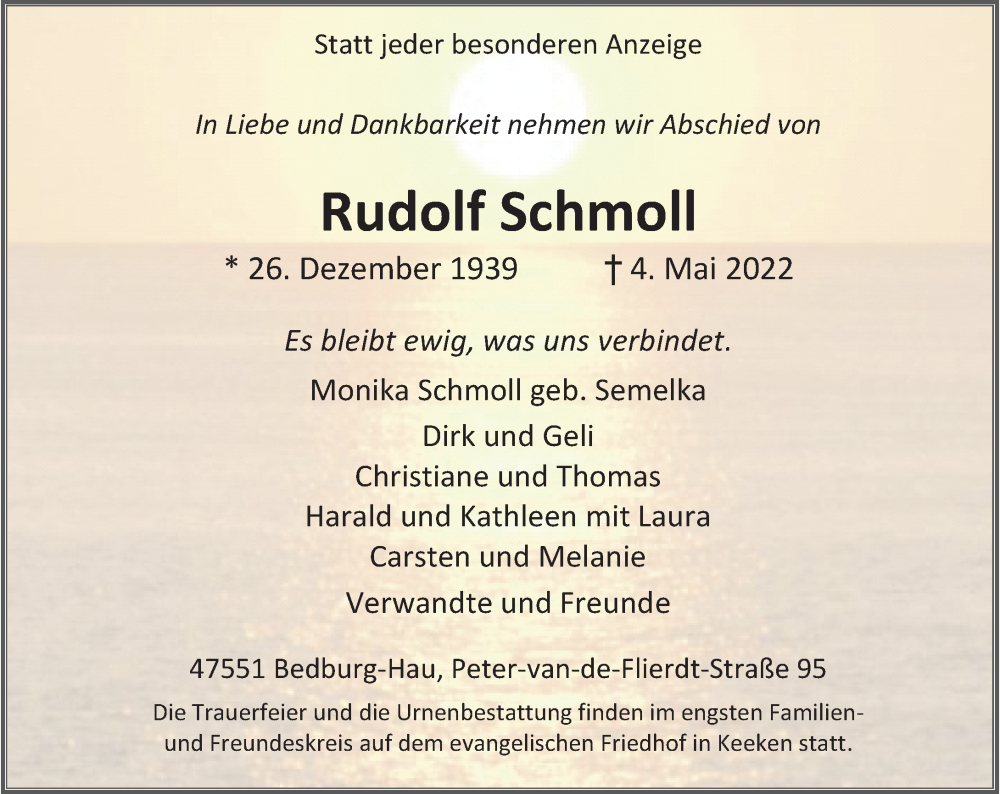  Traueranzeige für Rudolf Schmoll vom 10.05.2022 aus Rheinische Post