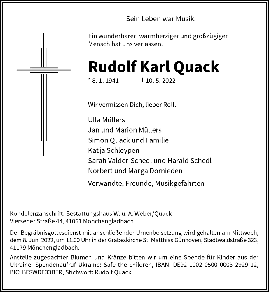  Traueranzeige für Rudolf Karl Quack vom 21.05.2022 aus Rheinische Post