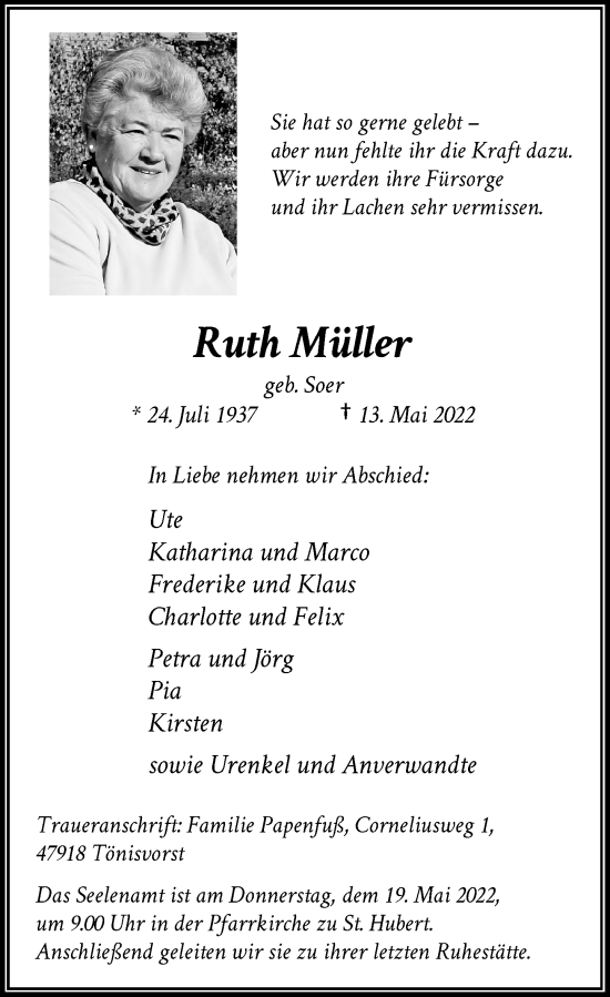Traueranzeige von Ruth Müller von Rheinische Post