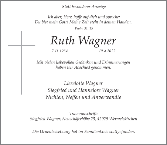 Traueranzeige von Ruth Wagner von Rheinische Post