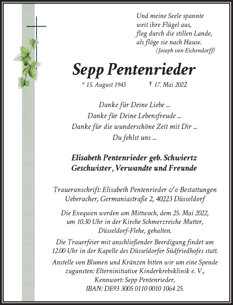  Traueranzeige für Sepp Pentenrieder vom 21.05.2022 aus Rheinische Post