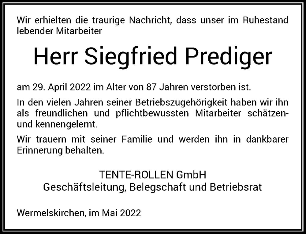  Traueranzeige für Siegfried Prediger vom 07.05.2022 aus Rheinische Post
