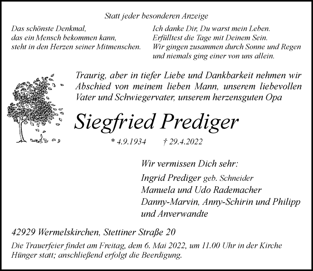  Traueranzeige für Siegfried Prediger vom 04.05.2022 aus Rheinische Post