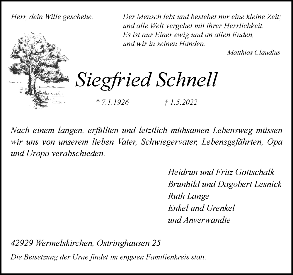  Traueranzeige für Siegfried Schnell vom 07.05.2022 aus Rheinische Post