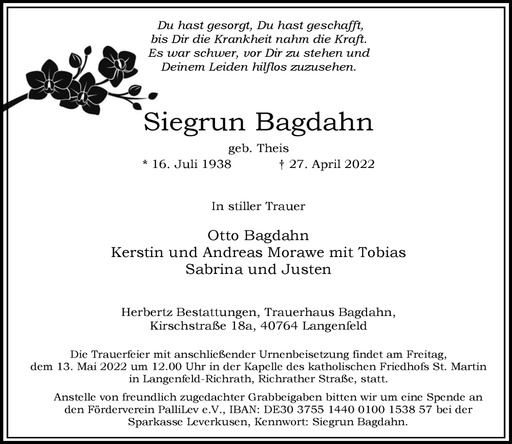  Traueranzeige für Siegrun Bagdahn vom 07.05.2022 aus Rheinische Post