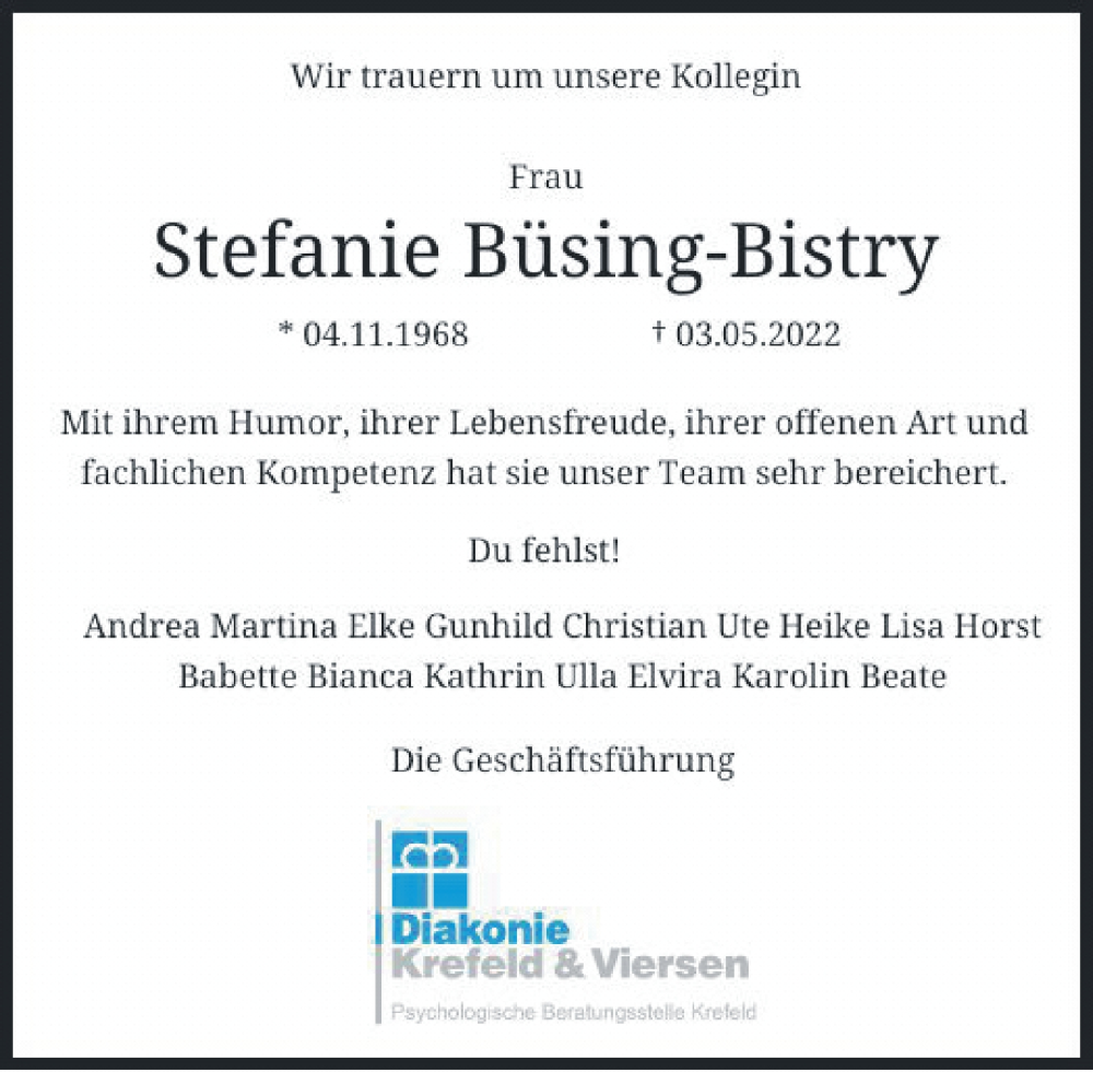  Traueranzeige für Stefanie Büsing-Bistry vom 14.05.2022 aus Rheinische Post