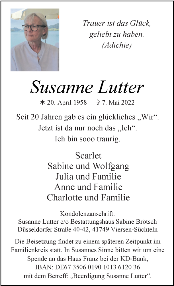  Traueranzeige für Susanne Lutter vom 14.05.2022 aus Rheinische Post