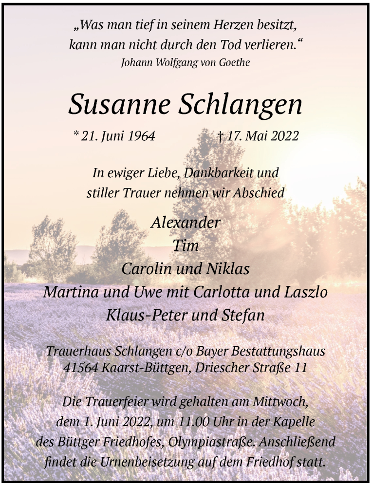  Traueranzeige für Susanne Schlangen vom 21.05.2022 aus Rheinische Post