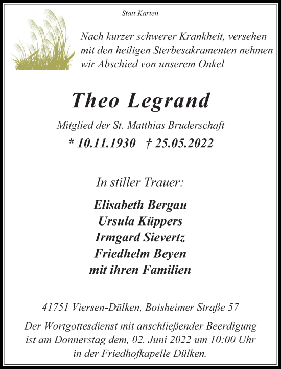 Traueranzeige von Theo Legrand von Rheinische Post