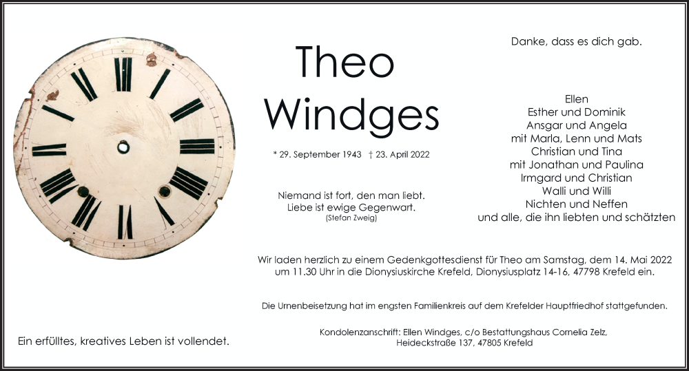  Traueranzeige für Theo Windges vom 07.05.2022 aus Rheinische Post