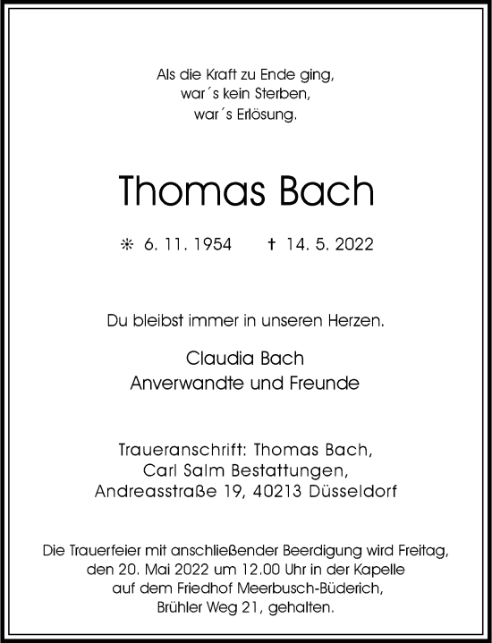 Traueranzeige von Thomas Bach von Rheinische Post
