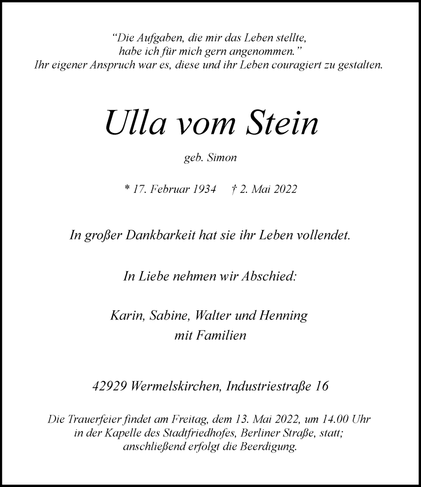  Traueranzeige für Ulla vom Stein vom 07.05.2022 aus Rheinische Post