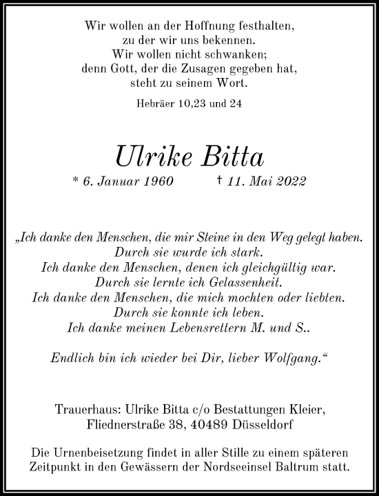 Traueranzeige von Ulrike Bitta von Rheinische Post