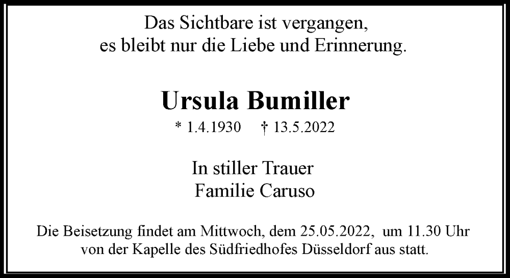  Traueranzeige für Ursula Bumiller vom 24.05.2022 aus Rheinische Post
