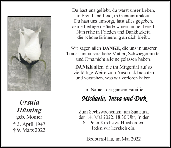 Traueranzeige von Ursula Hünting von Rheinische Post