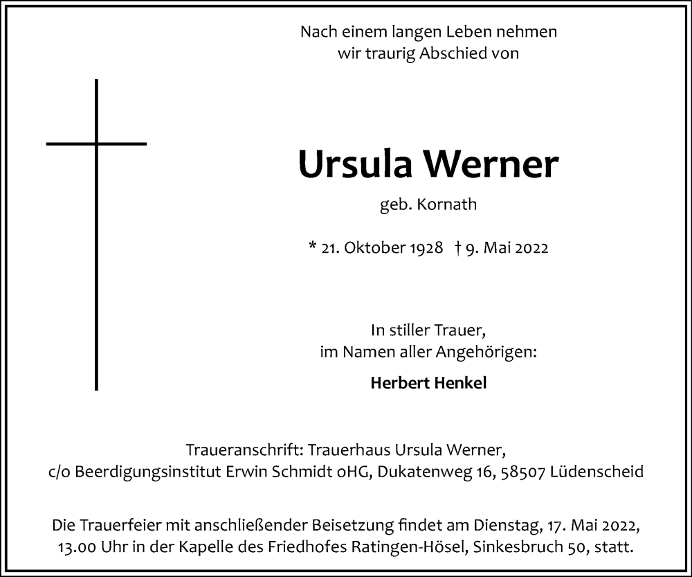  Traueranzeige für Ursula Werner vom 12.05.2022 aus Rheinische Post