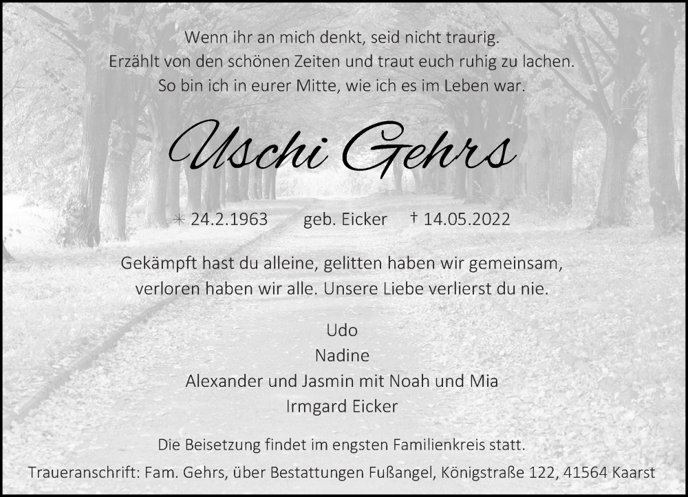  Traueranzeige für Uschi Gehrs vom 21.05.2022 aus Rheinische Post